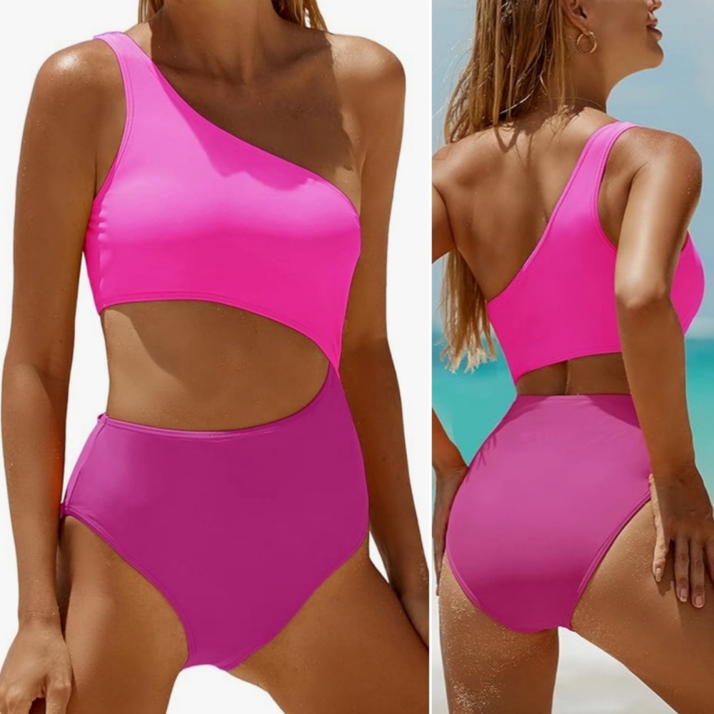 NWT Yonique Pink Colorblock One Shoulder Cutout Monokini Swimsuit Small